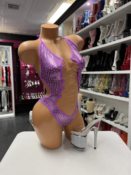 Purple gem bodysuit with rhinestones and lace-up front cutout design