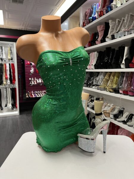 Emerald green rhinestone strapless mini dress with crystal embellishments