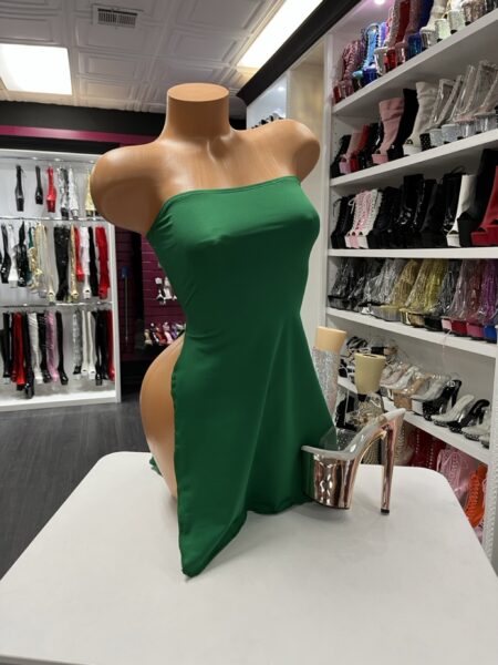 Emerald green strapless dress with asymmetrical hem and side slit