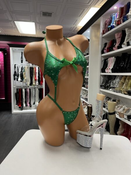 Emerald green rhinestone cutout halter romper with bow detail