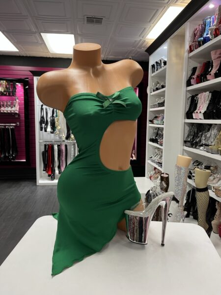 Emerald green strapless mini dress with bow accent and side waist cutout