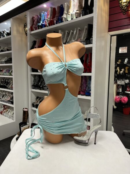 Aqua halter cutout mini dress with crystal accents and ruched skirt