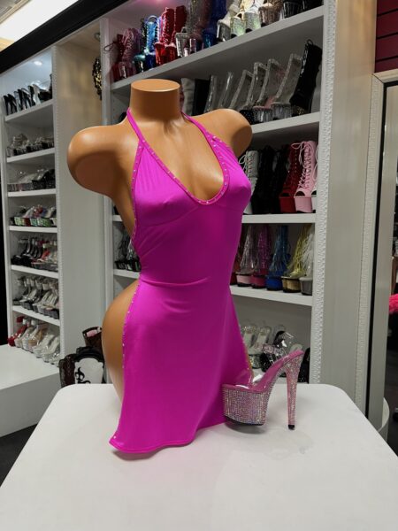 Hot pink halter mini dress with stud detailing and sleek fit