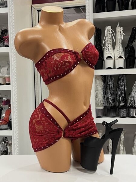 Red lace skirt set with bandeau top and rhinestone trim
