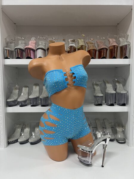Turquoise rhinestone shorts set with cutout bandeau top and high-waisted shredded side shorts