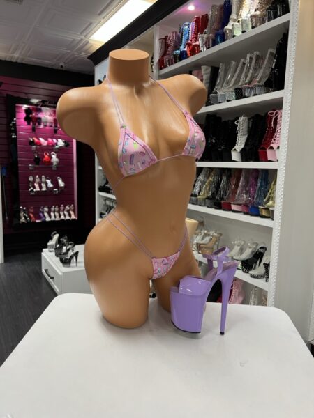 pink sprinkle print bikini triangle top minimal strap bottoms colorful candy pattern swimsuit