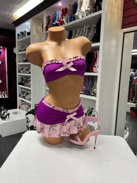 berry ruffle skirt bikini three piece set bandeau top floral skirt bow detail outfit