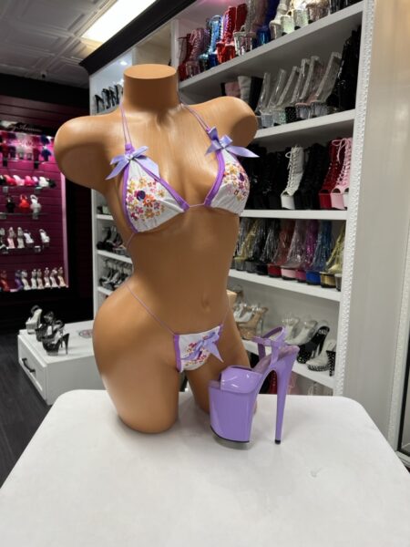 lavender floral bow bikini triangle top minimal strap bottoms soft print feminine swimsuit