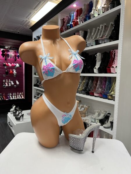 cupcake bow detail bikini white triangle top matching bottoms playful graphic swimsuit