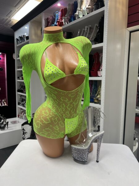 Neon green lace three piece set with long sleeve overlay and rhinestone bikini