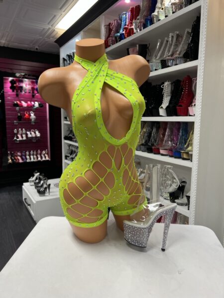 Neon green halter fishnet romper with rhinestones and open front design