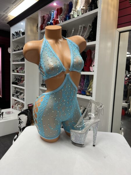 Aqua blue fishnet romper with rhinestones, halter neckline, and ring front detail