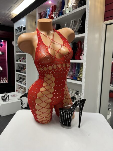 Red fishnet romper with rhinestones, halter neckline, and web-style front design