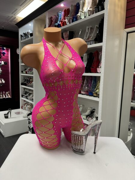 hot pink fishnet romper rhinestone halter stretch bodycon outfit