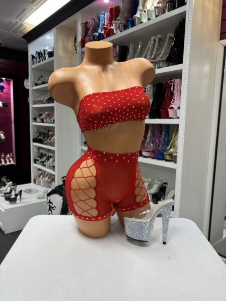 red rhinestone mesh set bandeau top high waisted shorts cutout sides sparkly two piece outfit