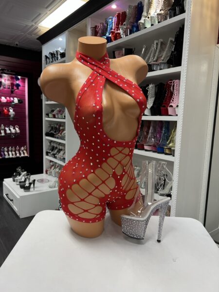 red rhinestone cutout romper halter neckline stretch fitted one piece bold design with side cutouts