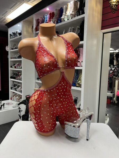 red rhinestone cutout romper halter neckline deep plunge side cutouts stretch fitted one piece bold design