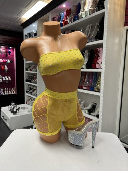 Yellow rhinestone fishnet set with bandeau top and cutout fishnet shorts