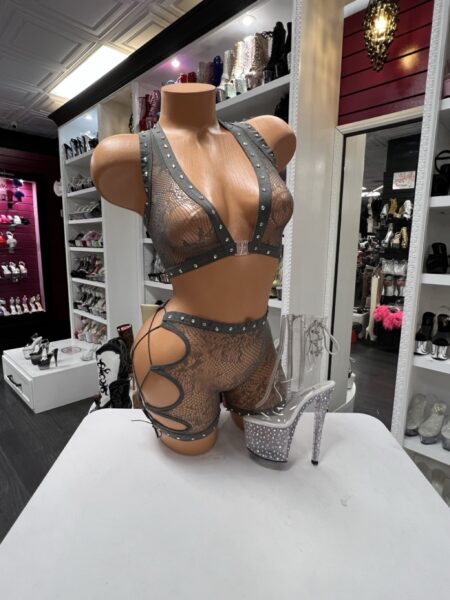 gray cutout lace up set two piece deep v top side cutout shorts stretch fitted edgy design