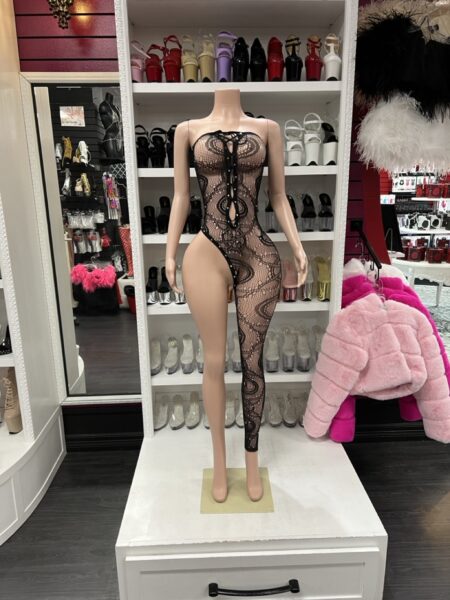 black lace one leg bodysuit asymmetrical lace up front single leg design stretchy mesh fitted silhouette