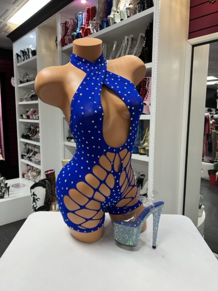 blue rhinestone halter romper cutout design fitted stretchy one piece sparkly outfit