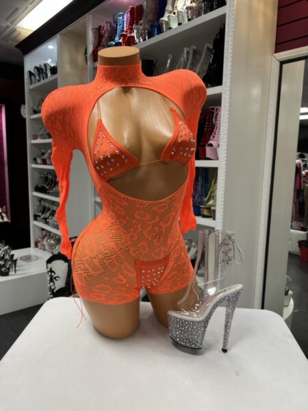 neon orange net romper three piece set rhinestone triangle top bottoms cutout design stretch fit