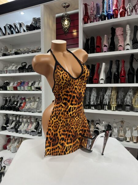 leopard halter mini dress animal print fitted short dress bold statement outfit sleeveless halter neckline stylish mini dress