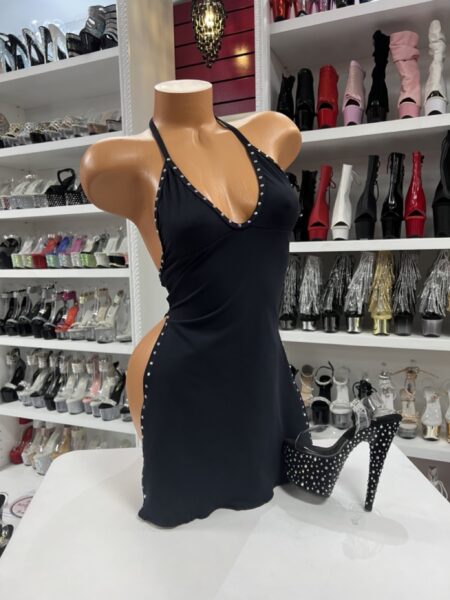 Black rhinestone halter dress with side slit and open back