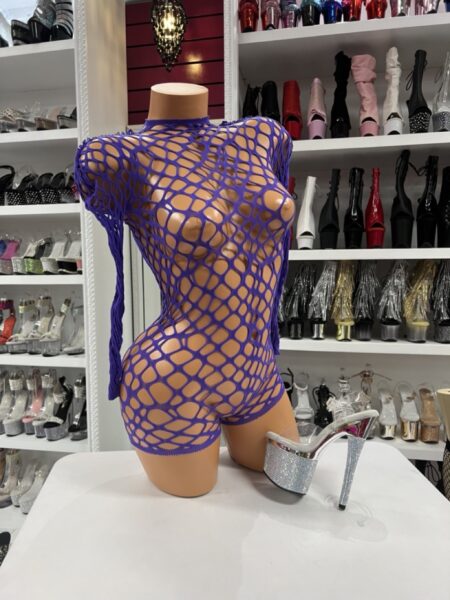 Purple fishnet long sleeve bodysuit with sheer open net design