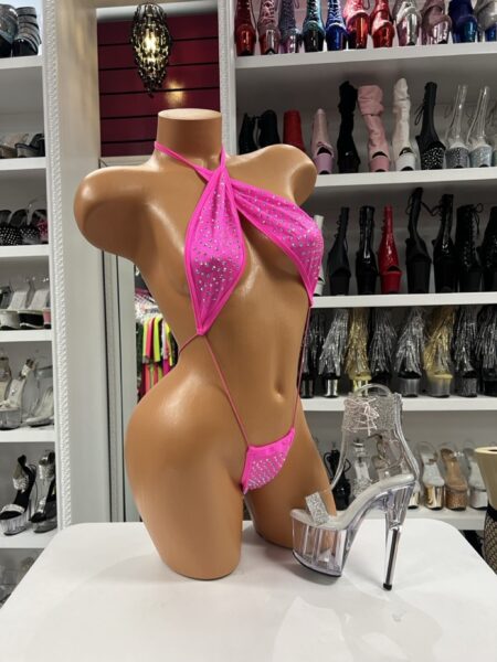 pink rhinestone string romper strappy micro design open cutout front minimal bold statement outfit