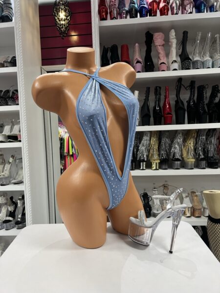 baby blue slingshot bodysuit deep plunge halter high cut sparkle detail stretch fitted one piece bold design
