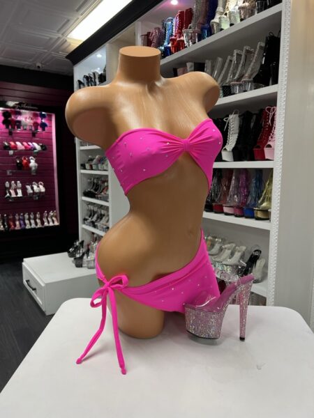 hot pink tie dress strapless bandeau mini dress adjustable side tie detail fitted silhouette bright color stretchy fabric