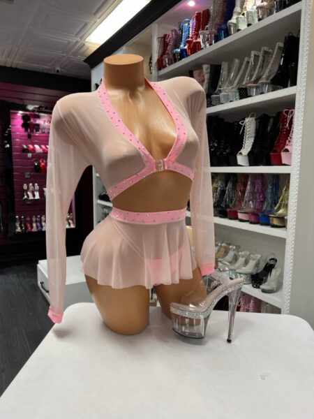 pink sheer skirt set long sleeve top rhinestone trim mini skirt two piece set soft mesh fabric feminine outfit