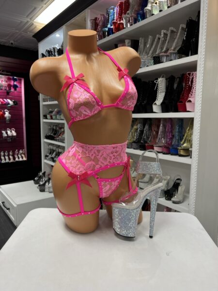 pink lace bow three piece set rhinestone trim triangle top high waist bottom garter straps strappy design feminine outfit