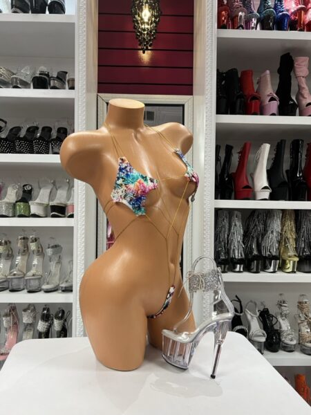 rainbow snake micro romper multicolor reptile print minimal strappy design one piece bold vibrant stretchy fitted outfit