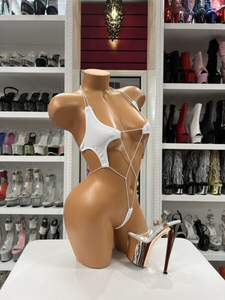 white micro string romper minimal strappy design one piece clean color lightweight stretchy fitted bold outfit