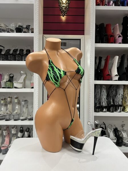 green lightning micro romper strappy geometric design minimal coverage one piece bold printed stretchy fitted outfit