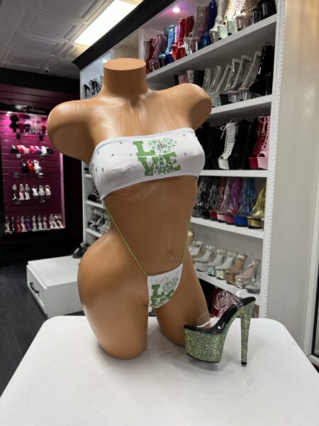 Green plant love bikini with white bandeau top and rhinestone details