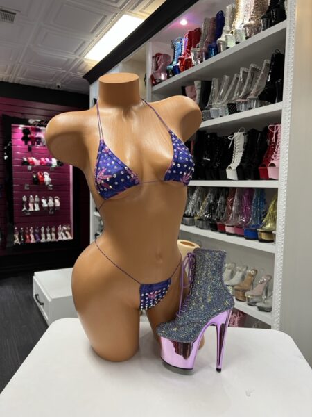 Purple rhinestone micro bikini with triangle top and matching thong bottoms