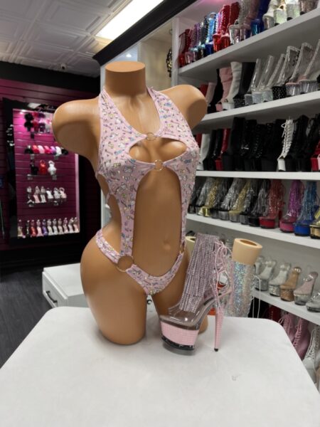 Pink kitty ring bodysuit with cutouts and playful print