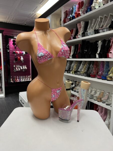 Pink kitty micro bikini with triangle top and rhinestone details