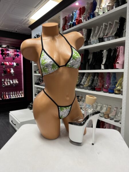 White leaf micro bikini with green print and black trim