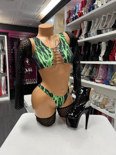 Neon slime mesh set with fishnet sleeves and lace-up top