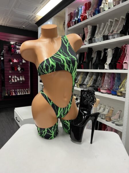 Neon slime cutout set with one shoulder top and high cut bottoms