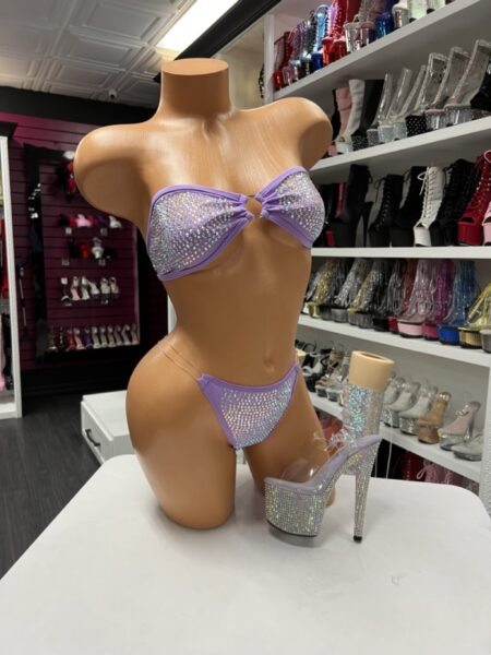 Lavender rhinestone bikini set with bandeau top and high cut bottoms