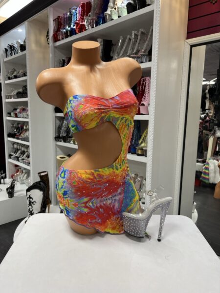 Rainbow cutout mini dress with strapless bandeau top and asymmetrical hem