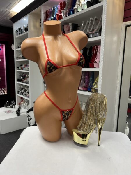 Red trim leopard bikini with triangle top and micro bottoms