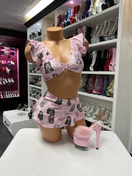 Pink doll skirt set with ruffle sleeves and mini skirt