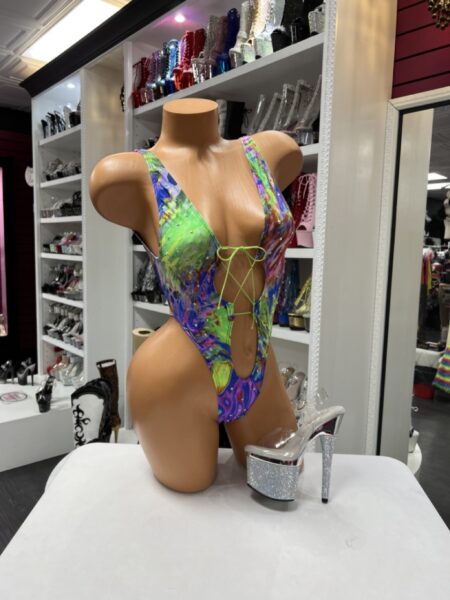 Neon swirl cutout bodysuit with lace up front and open back