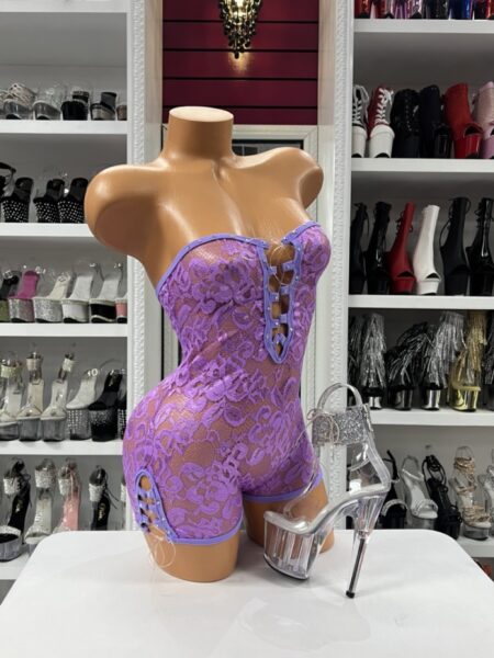 Lavender lace cutout romper with sheer floral fabric and strap detail fitted one piece with shorts